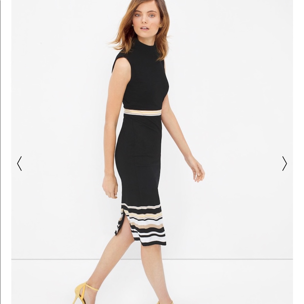 NWT WHBM Mock Neck Sheath Midi Black Stripes Dress